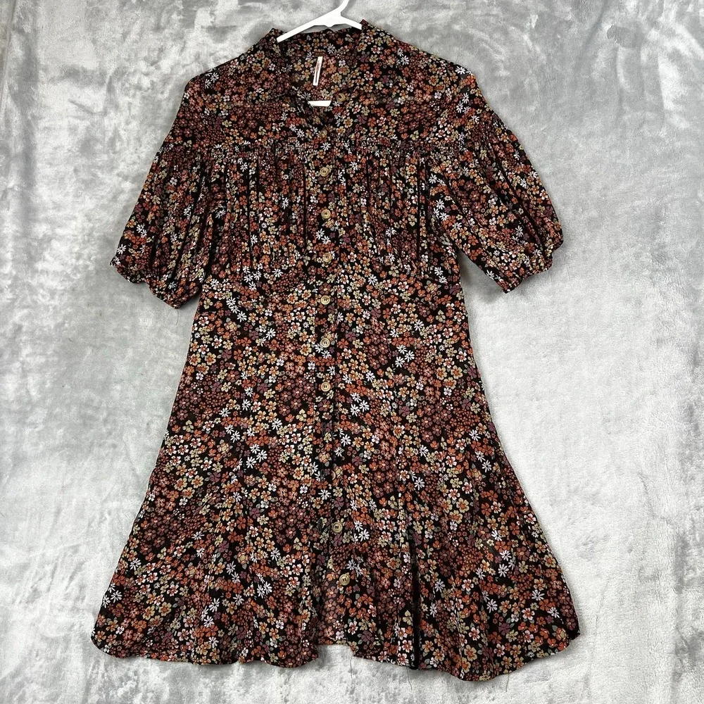 Free People Floral Mini Dress Button Front Puff Sleeve Ditsy Print Brown Multi